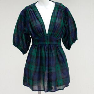 Plaid Wool Babydoll Plunge Neck Top with Statement Sleeve and Snap Front UK 10